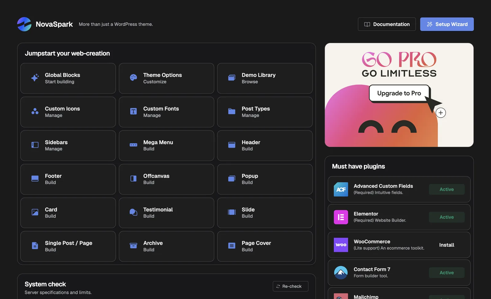 The WordPress admin sidebar with the NovaSpark menu expanded, showing Dashboard, Global Blocks, Theme Options, Icons, Fonts, Post Types, Demo Import, Setup Wizard and Image Optimizer.