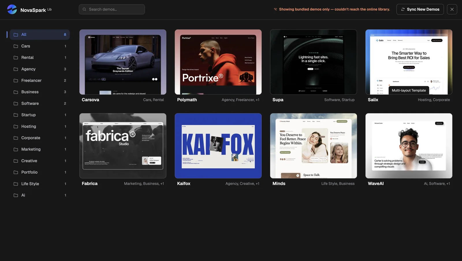 The Demo Import screen showing demo cards in a grid, with category filters above them.