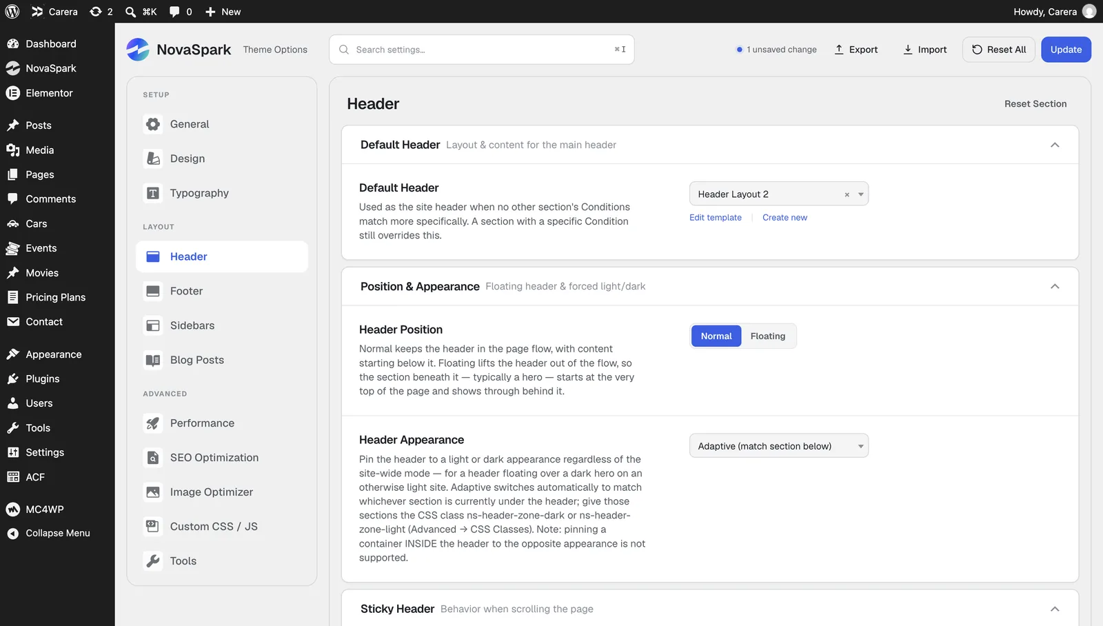 Theme Options, Header tab, Position and Appearance section, showing the Header Position and Header Appearance controls.