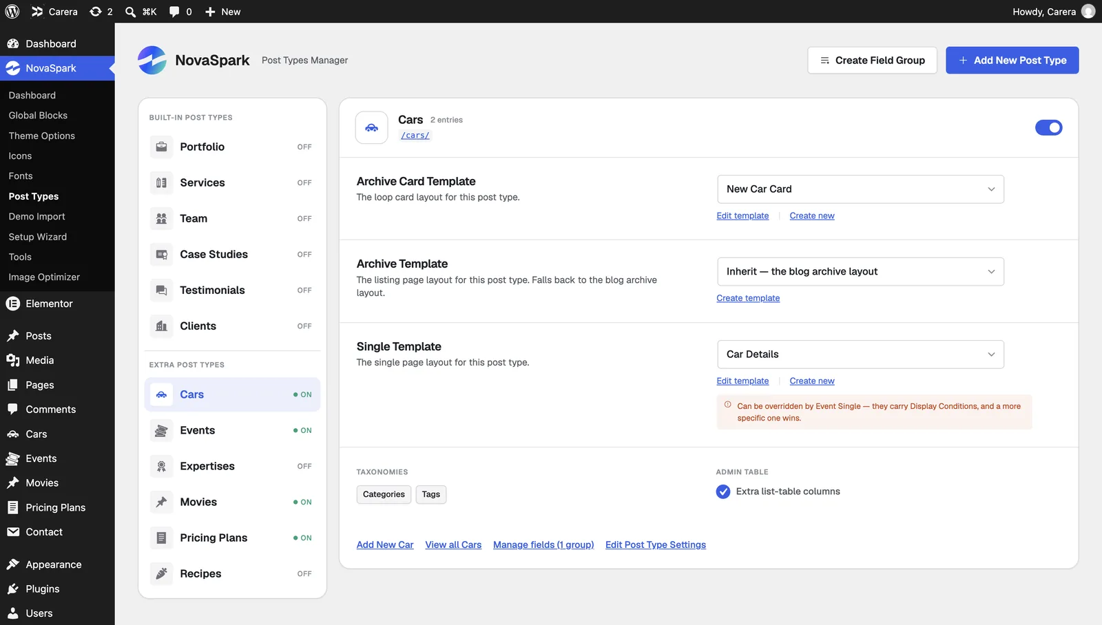 The Post Types screen showing the six presets — Portfolio, Services, Team, Case Studies, Testimonial and Client — each with an enable toggle.