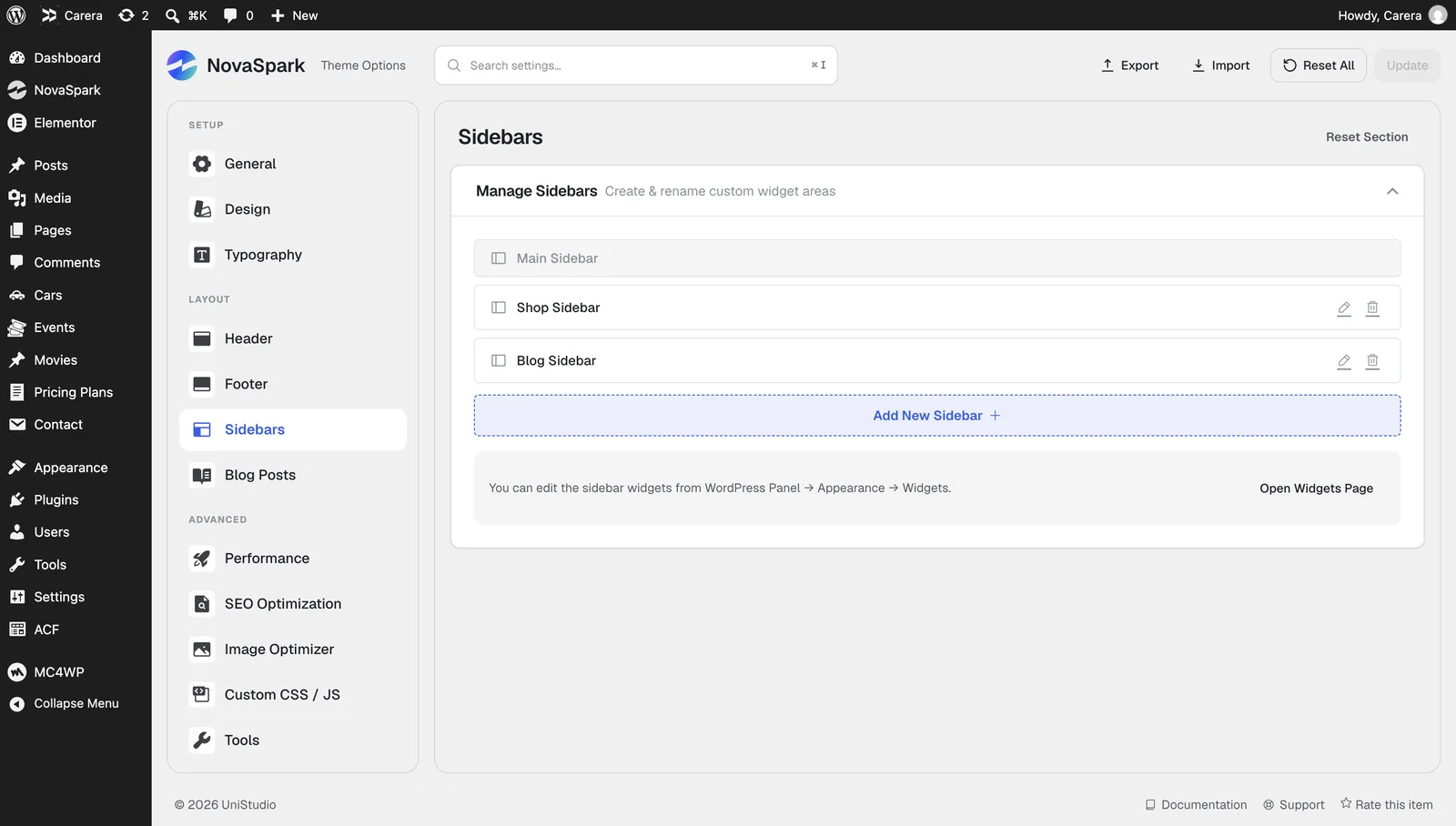 The Sidebars manager listing custom widget areas, with rename and delete controls and an add button.