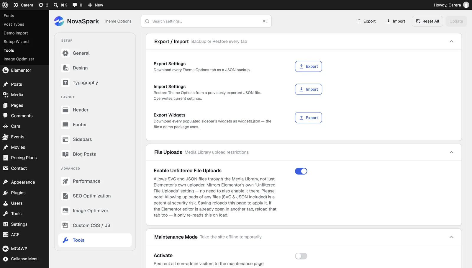The Tools tab showing the Export and Import controls.
